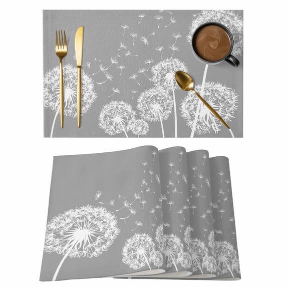 White Dandelion Placemats Set of 6, Spring Plants Flowers Vintage Gray Placemats for Dining Table, Place Mats for Kitchen Tabletop, Waterproof Wipeable Dining Table Mats Set