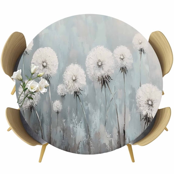 White Dandelion Round Fitted Table Cover Vintage Oil Painting Modern Art Waterproof Table Cloth with Elastic Edge Wipeable Tablecloth for Picnic Camping Party Fits 55"-60" Diameter