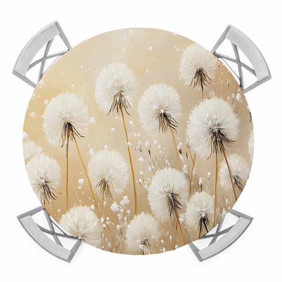White Dandelion Round Tablecloth for 45-54 Inch Tables,Fitted Table Cover with Elastic Edge,Country Botanical Floral Flowers Plants Waterproof Outdoor Table Cloth Protector for Patio Garden Dinner