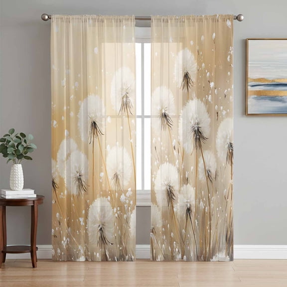 White Dandelion Semi Sheer Curtains 96 Inch Length 2 Panels Set, Country Botanical Floral Flowers Plants Sheer Kitchen Curtain Privacy Voile Window Curtain for Living Room Bedroom Rod Pocket Drapes