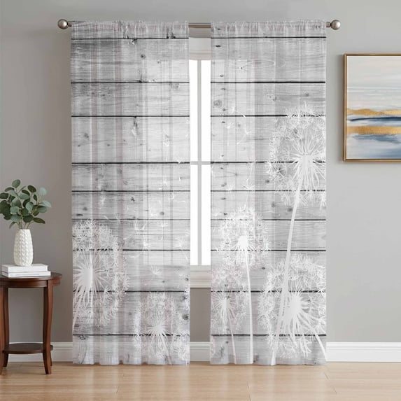White Dandelion Sheer Curtains 63 Inch Length 2 Panels Set Window Treatments, Spring Flowers Plants Vintage Gray Wood Rod Pocket Semi Curtains for Living Room/Bedroom/Kitchen Décor, 104"W x 63"L