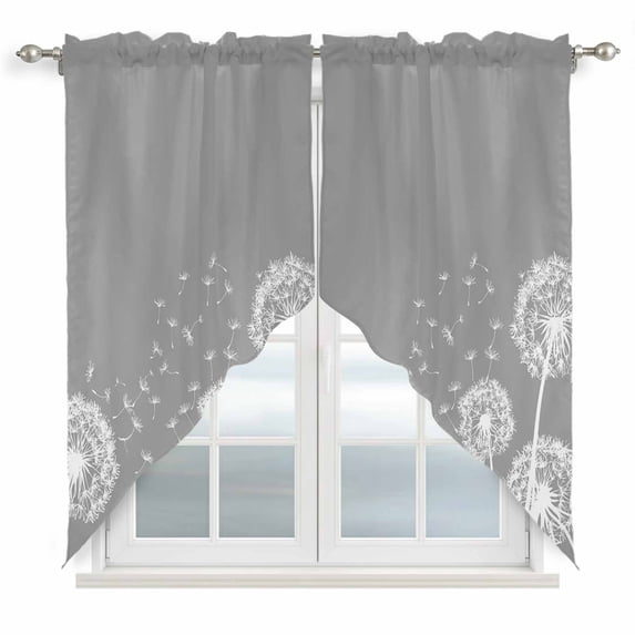 White Dandelion Swag Valances for Windows 2 Pack, Kitchen Window Curtains 36 Inch Length, Spring Plants Flowers Vintage Gray Privacy Swag Curtains for Living Room/Bathroom with Rod Pocket 36"x36"
