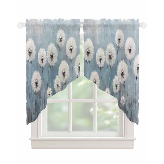 White Dandelion Swag Valances for Windows, Blue Oil Painting Retro Modern Art Rod Pocket Sheer Valances for Small Windows, Swag Toppers Light Filtering for Kitchen Living Room 2 Panels 28''x36''