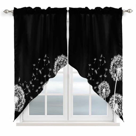 White Dandelion Swag Valances for Windows, Kitchen Window Curtains Over Sink, Spring Flowers Botanical Vintage Black Window Treatment Curtains for Living Room/Bedroom Curtains 2 Panel Sets 36"x45"