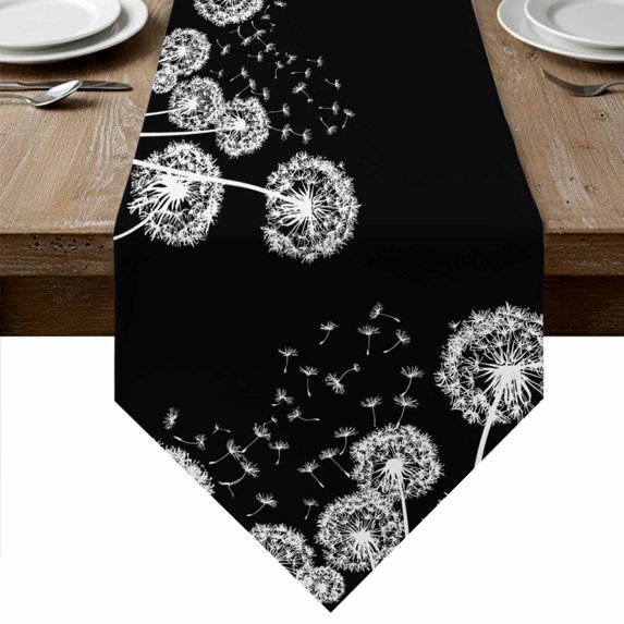 White Dandelion Table Runner Linen Burlap Table Runner 90 Inches Long Spring Flowers Botanical Vintage Black Dresser Scarves for Kitchen Island Coffee Dining Party Wedding Holiday Decor 13"x90"