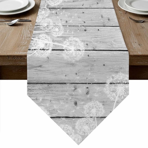 White Dandelion Table Runner Linen Burlap Table Runner 90 Inches Long Spring Flowers Plants Vintage Gray Wood Dresser Scarves for Kitchen Island Coffee Dining Party Wedding Holiday Decor 13"x90"