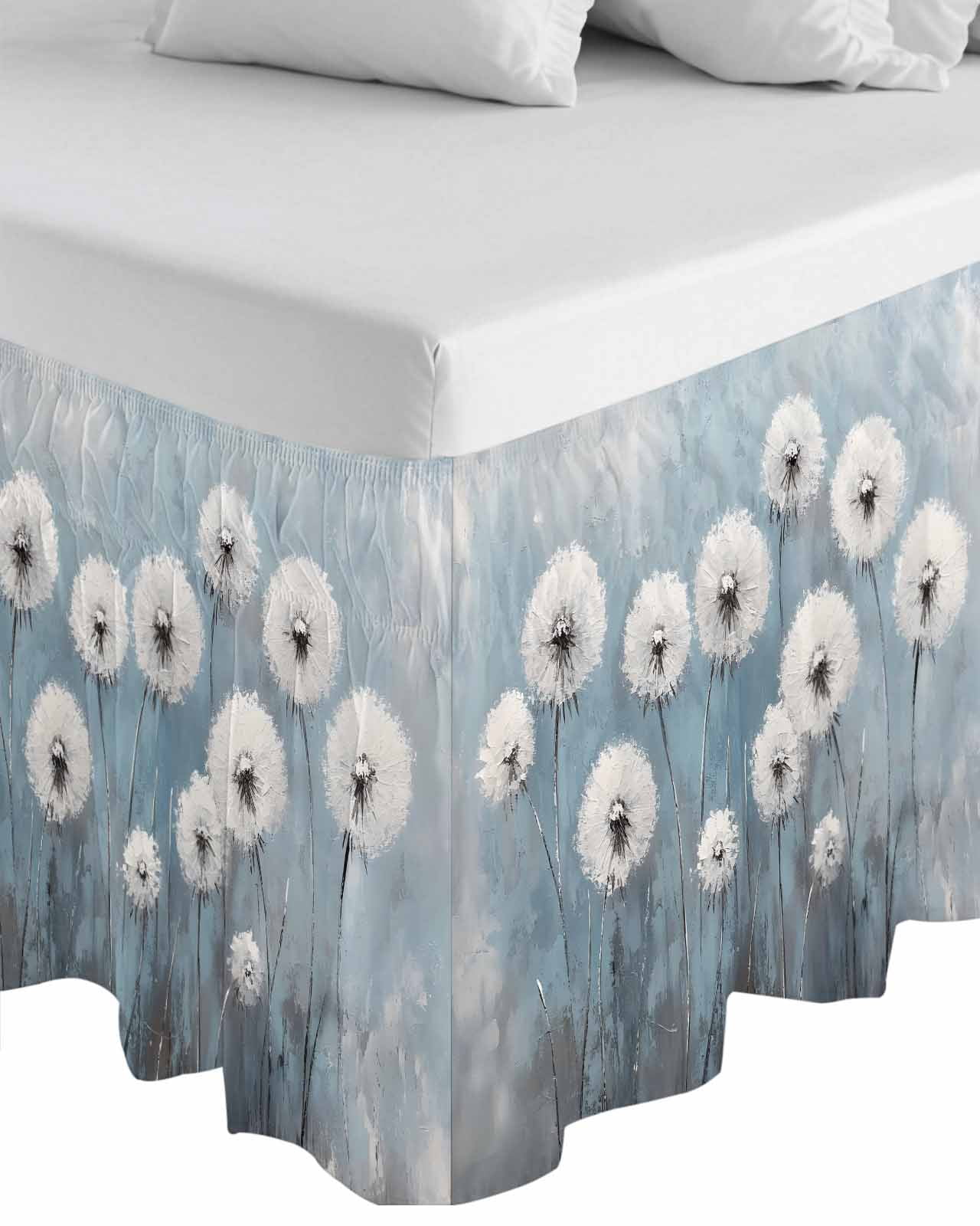 White Dandelion Wrap Around Bed Skirts for Queen Bed 16" Drop,Bed Skirt with Adjustable Elastic Belt Dust Ruffle Bed Valance for Bedroom Hotel Blue Oil Painting Retro Modern Art Bed Frame Cover