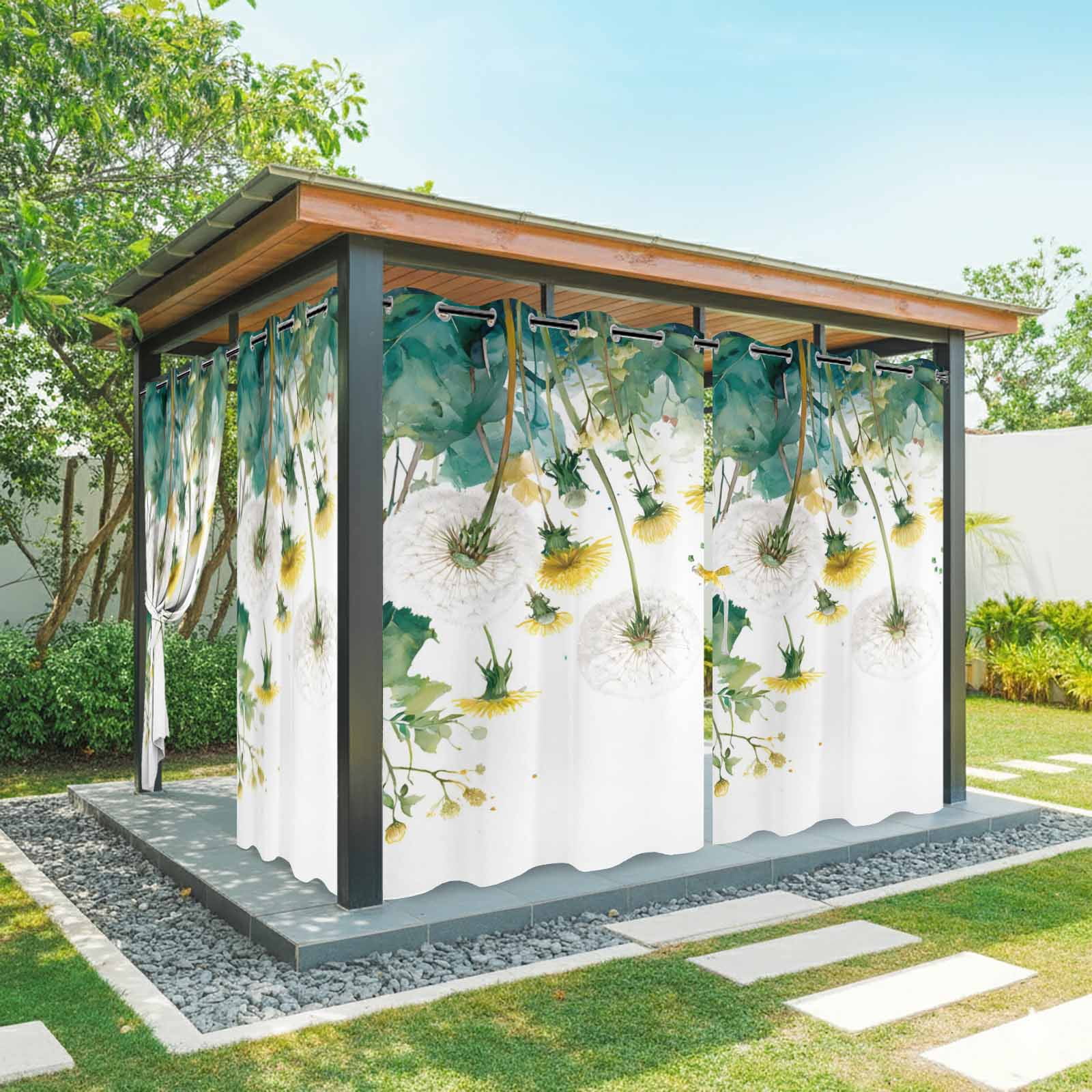 White Dandelions Outdoor Curtains for Patio, Summer Botanical Yellow Flower Green Leaf Farmhouse Sunshade Privacy Drapes Grommet Waterproof Outside Curtains for Porch/Cabana/Balcony 54"x108", 1 Panel