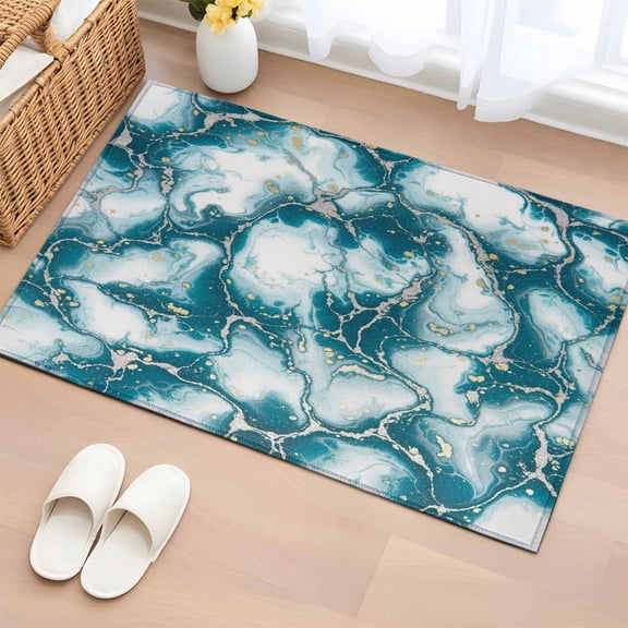 White Dark Green Marble Entryway Rug 2'x3'&nbsp; Non Slip Front Door Mats, Modern Abstract Art Marble Crack Entrance Rugs Indoor Outdoor Carpet, Washable Floor Mats Small Area Rug for Bedroom Kitchen