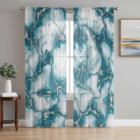 White Dark Green Marble Sheer Curtains 63 Inch Length 2 Panels Set Window Treatments, Modern Abstract Art Marble Crack Rod Pocket Semi Curtains for Living Room/Bedroom/Kitchen Décor, 104"W x 63"L
