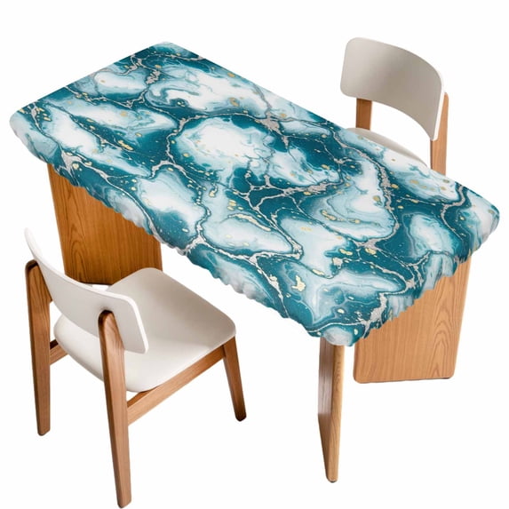 White Dark Green Marble Table Cloths for 4 Foot Rectangle Tables, Modern Abstract Art Marble Crack Patio Waterproof Elastic Fitted Tablecloths, Washable Rectangular Table Cover for Camping
