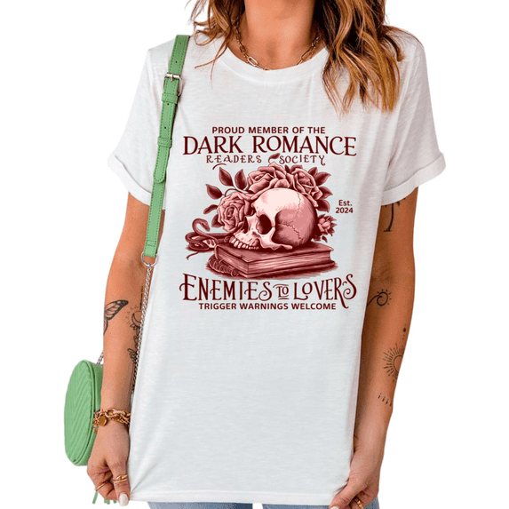 White Dark Romance Readers Society Enemies To Lovers Skull Rose Snake Book Graphic Tees Print Tshirt Shirts Gothic Book Lover Casual Tops S-5XL