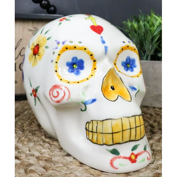 White Day Of The Dead Skull Ceramic Figurine Skeleton 7"L Fantasy Home Decor