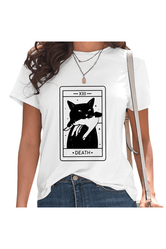 White Death Tarot Card Black Cat Print Tshirt Graphic Tees Shirts Gothic Occult Cat Lover Tops S-5XL