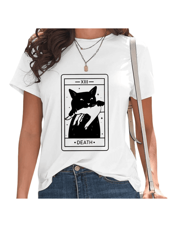 White Death Tarot Card Black Cat Print Tshirt Graphic Tees Shirts Gothic Occult Cat Lover Tops S-5XL