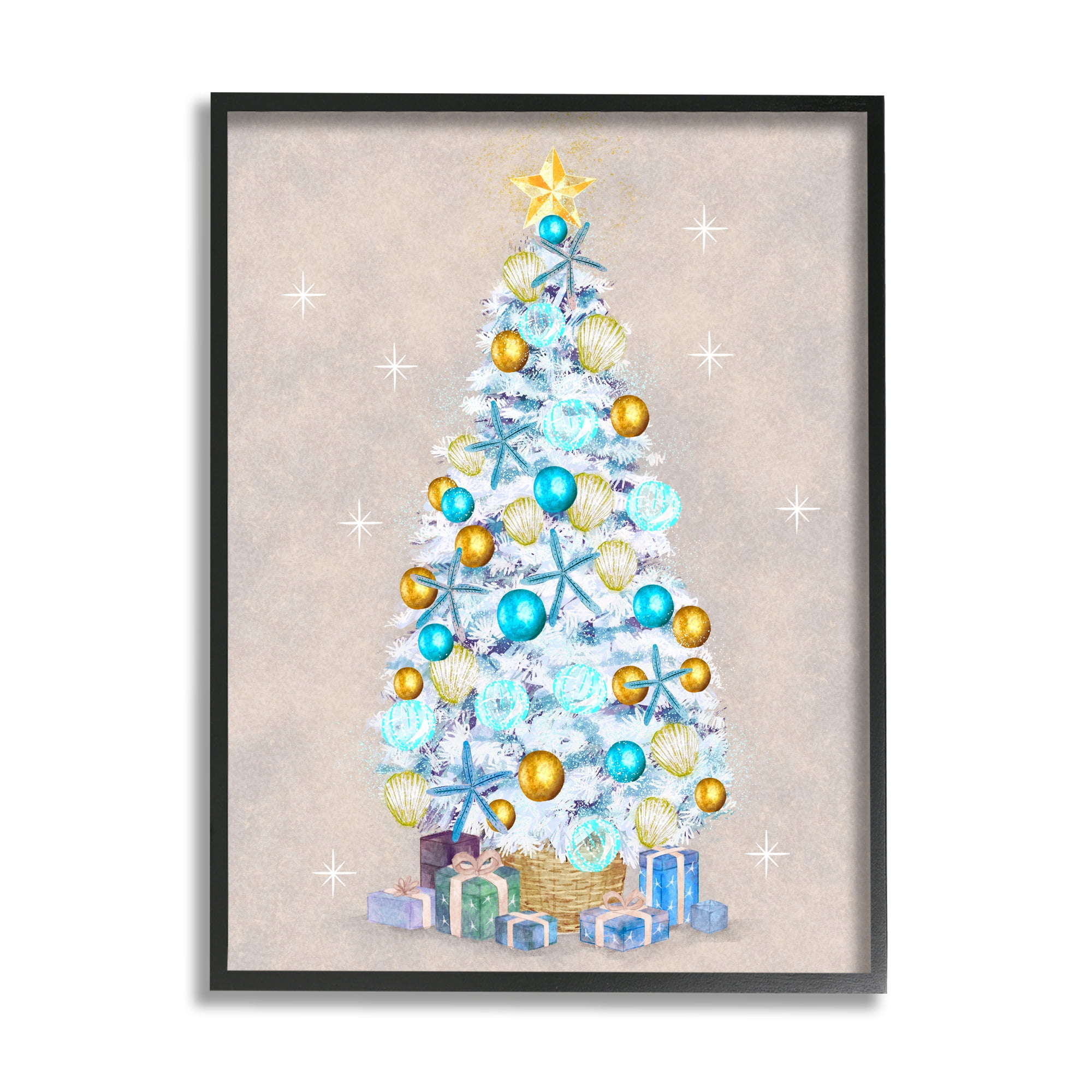 White Decorated Christmas Tree Holiday Gifts Ornaments Botanical & Floral Painting Framed Art Print Wall Art