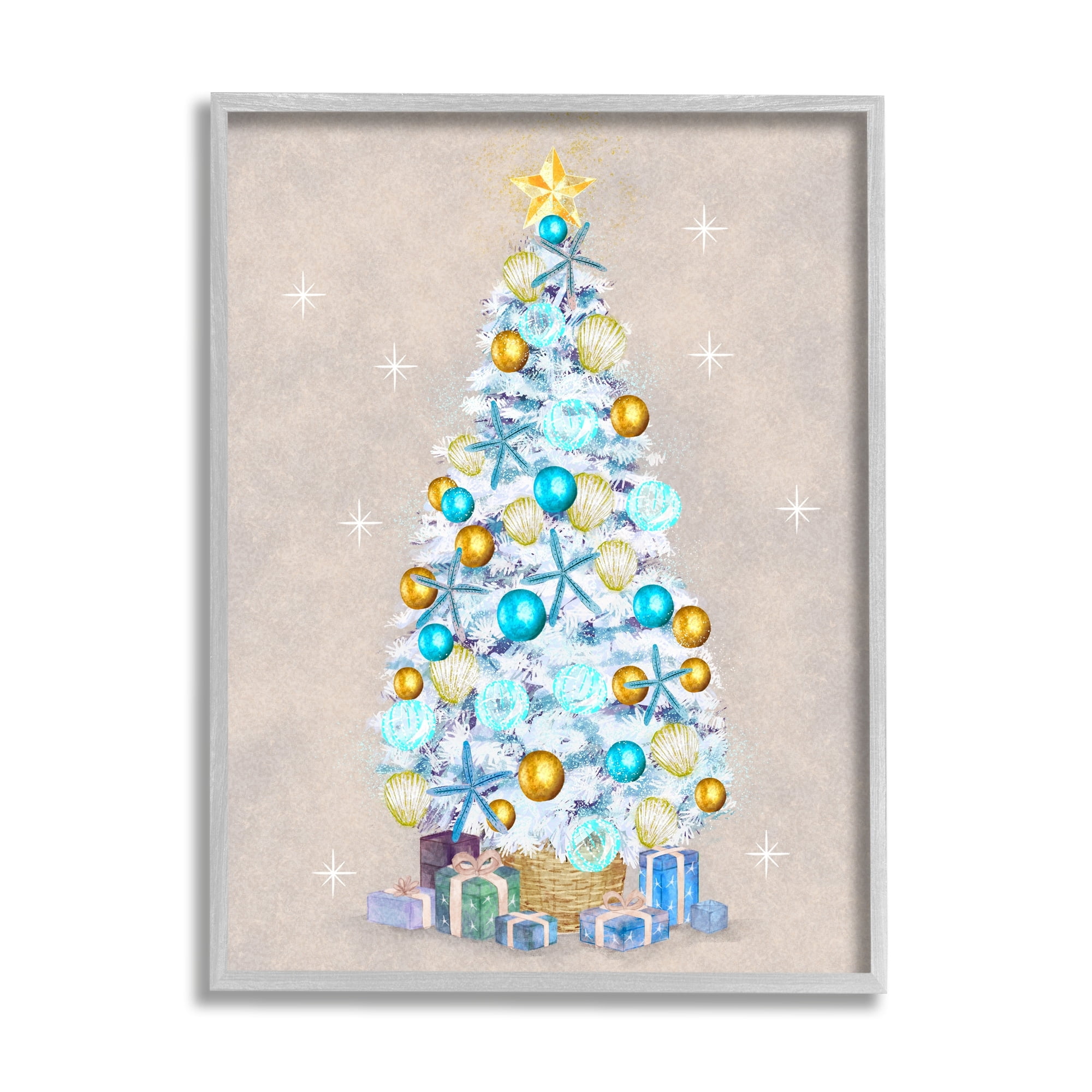 White Decorated Christmas Tree Holiday Gifts Ornaments Botanical & Floral Painting Framed Art Print Wall Art