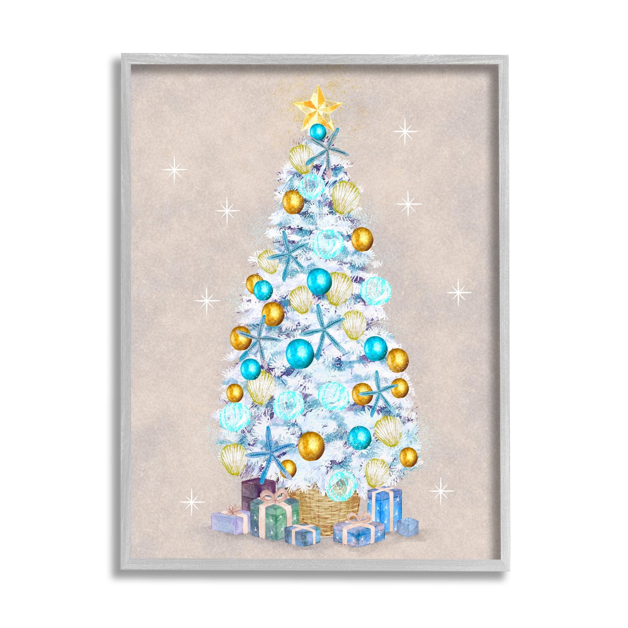 White Decorated Christmas Tree Holiday Gifts Ornaments Botanical & Floral Painting Framed Art Print Wall Art