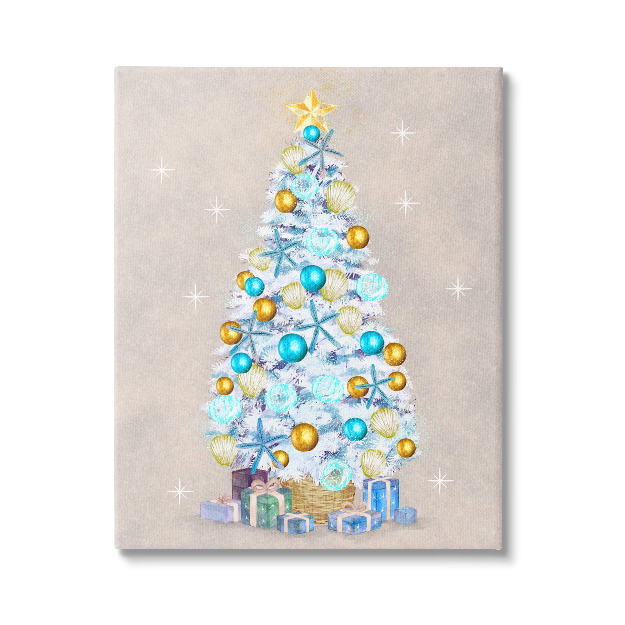 White Decorated Christmas Tree Holiday Gifts Ornaments Botanical & Floral Painting Gallery-Wrapped Canvas Print Wall Art