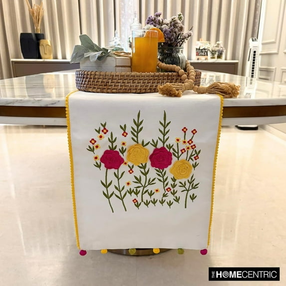 White Decorative 6 Seater Table Runner (14 x 72 inch) | Contemporary Cotton Floral Table Linen | Floral Embroiderey, Lace, Pom Poms Table Runner for Party, Dining Table Décor - Poppy Parade