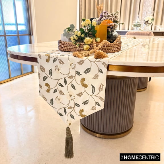 White Decorative 8 - 10 Seater Table Runner (14 x 120 inch) | Contemporary Cotton Floral Table Linen | Floral Embroiderey, Pearl, Tassels Table Runner for Party, Dining Table Décor - Blossom Flow