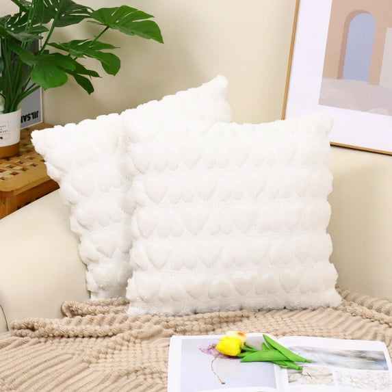 White Decorative Cushion Covers Set of 2 18x18 Inch Fluffy Soft Plush Square Pillowcase Heart Shaped Faux Fur Throw Pillow Cover for Home Decor Livingroom Sofa Bedroom Car