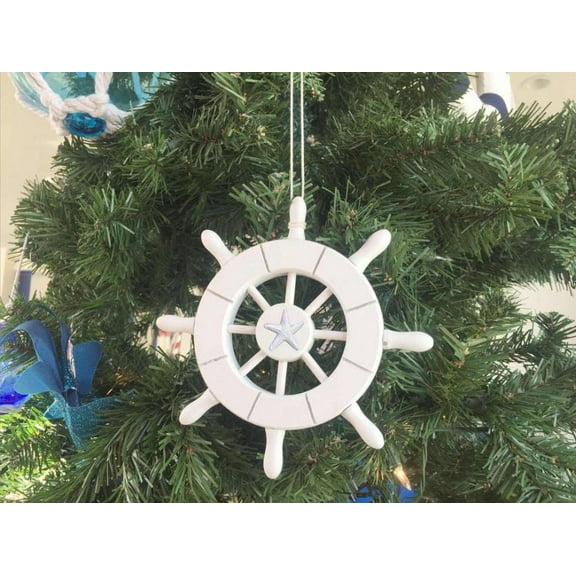 White Decorative Ship Wheel With Starfish Christmas Tree Ornament 6" - Christmas Tree Decoration - Nautical Decorating