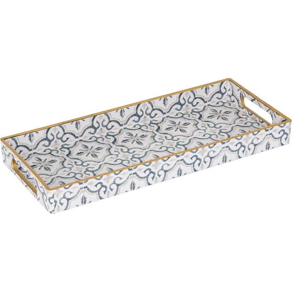White Decorative Tray, Plastic Serving Tray with Handles, Rectangular Moroccan Trays, Long Narrow Trays for Bathroom, Kitchen Counter, 13.8" X 6" X 1.57"