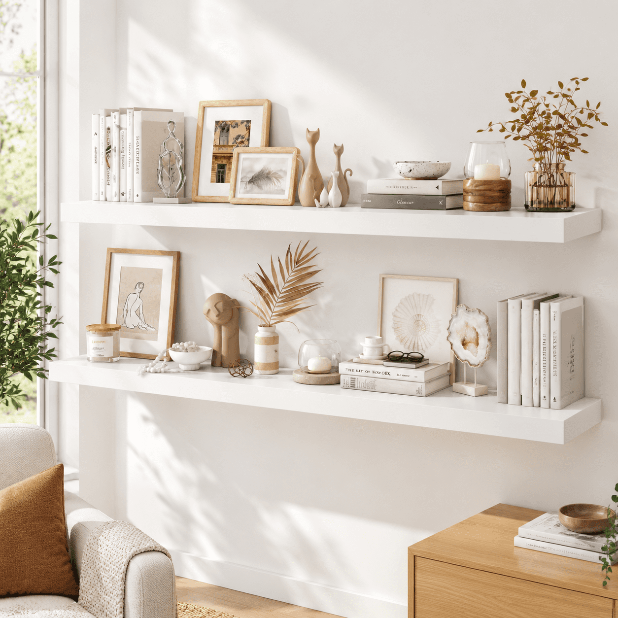 White Deep Floating Shelves 2-Piece Set 12D x 72L for Wall Display and ...