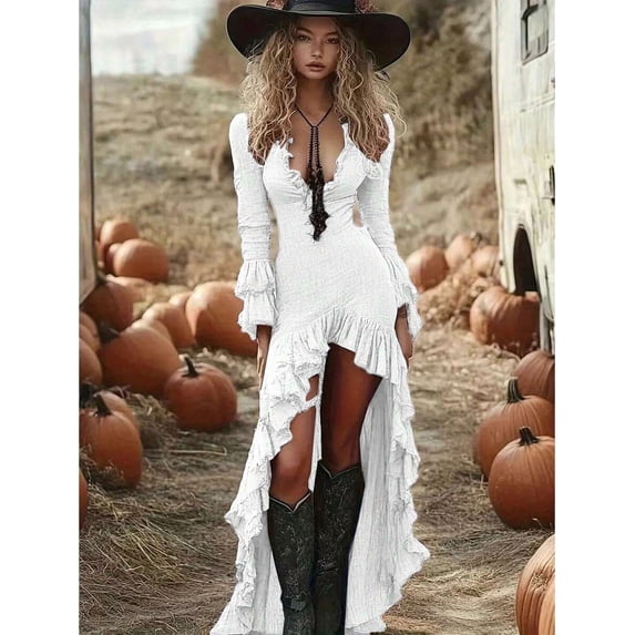 White Deep V-Neck Ruffled Asymmetrical Long Sleeve Maxi Dress