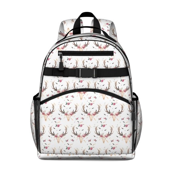 White Deer Antler Flower Pattern Backpack for School,Cute School Bag,Schoolbag with Adjustable Shoulder Straps & Padded Back,15.25"x11.5"x5.25"
