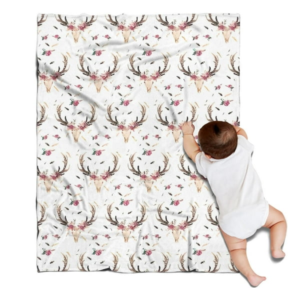White Deer Antler Flower Pattern Blanket,Comfortable Soft Flannel Throw Blanket,All Season,Warm Lightweight Blankets for Sofa Bed Couch Living Room Chair,30"x40"