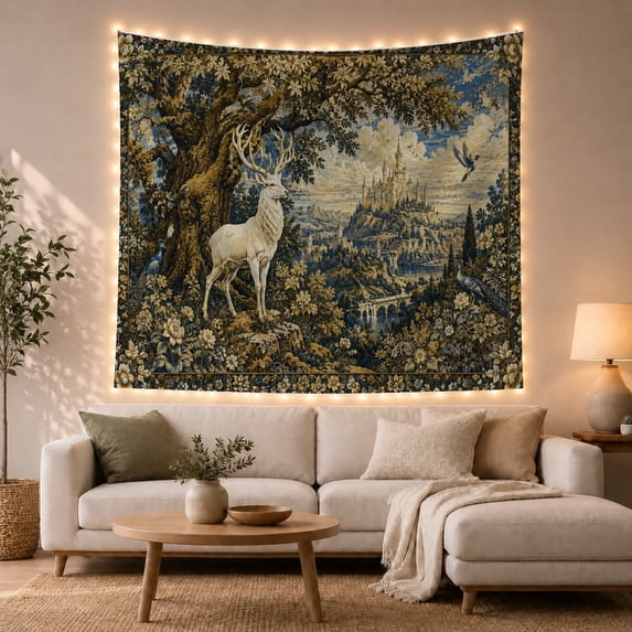 White Deer Beneath a Massive Tree, Peaceful Vintage Art for Wildlife Lovers, Woodland Wall Art, Housewarming Gift, Tapestry Wall Hanging for Living Room and Study Room