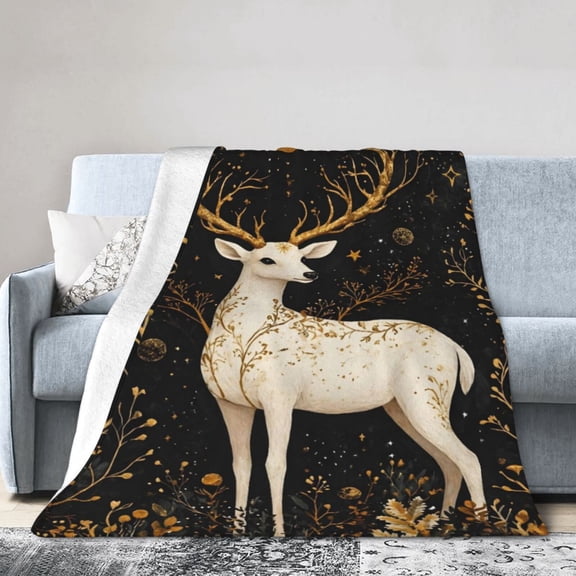 White Deer Celestial Blanket Gift Throw Blanket Gold Antlers Forest Gift for Deer Lovers Room Decor 50x40