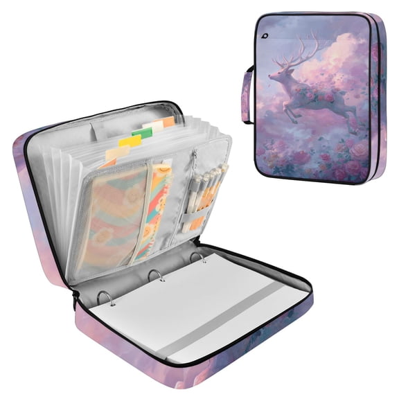 White Deer Flying Pink Roses Clouds Accordion File Organizer Expanding File Folder 3-Ring Binder Bag 500 Sheets A4 Size