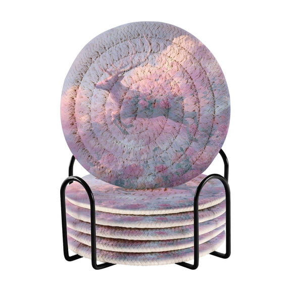 White Deer Flying Pink Roses Clouds Drinking Coasters Cup Mat with Holder for Kitchen Cafe Bar 6 Packs