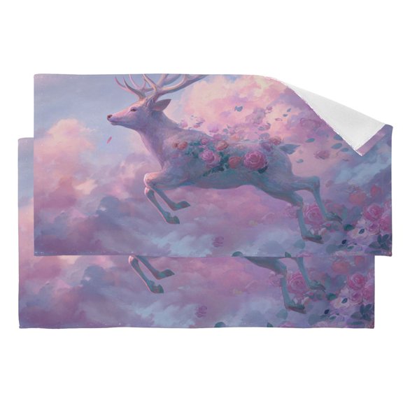 White Deer Flying Pink Roses Clouds Hand Towel Absorbent Bath Towels for Bathroom Sports Gym 28" x 14" Set of 2
