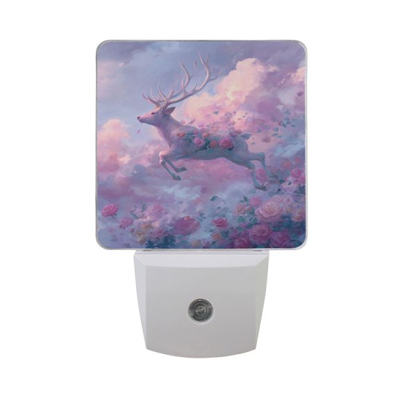 White Deer Flying Pink Roses Clouds LED Night Light Sensor Lamp Plug-in Adjustable Brightness 2 Pack