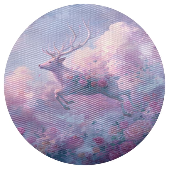 White Deer Flying Pink Roses Clouds PVC Round Grid Placemat Table Mat 1 Pc 15.4" x 15.4"