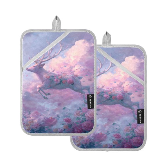 White Deer Flying Pink Roses Clouds Pot Holder Heat Resistant Mat Oven Hot Pads Pocket Design Potholders Set of 2