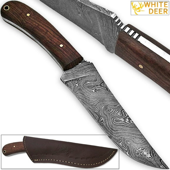White Deer Large Executive Damascus Steel Knife Full Tang Walnut Handle Hardwood