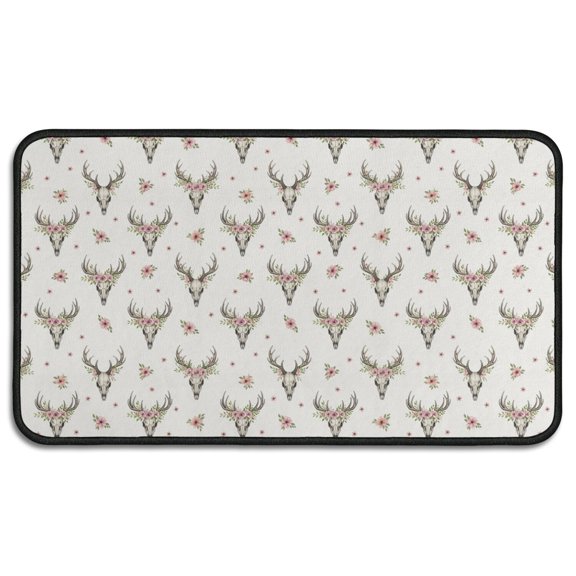 White Deer Skull Flower Pattern Door Rugs,Washable Non Slip Door Mats Indoor,Decorative Door Mats,Entry Mat Indoor for Entrance,Bedroom,Kitchen,Bathroom,30"x17"