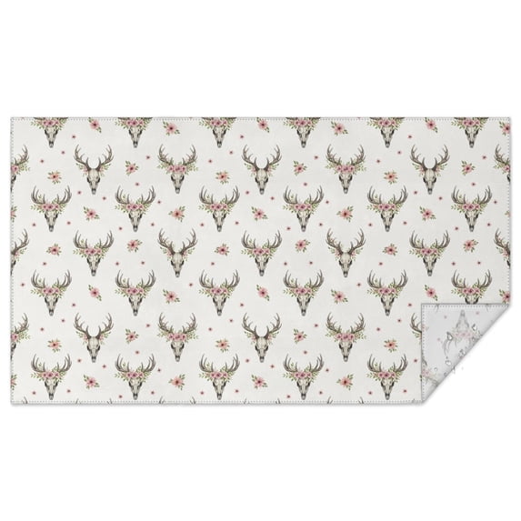 White Deer Skull Flower Pattern Rectangle Tablecloth 60"x102",Waterproof Polyester Rectangle Table Cloth, Wipeable Spillproof Polyester Tablecloth for Dining, Camping, Indoor and Outdoor