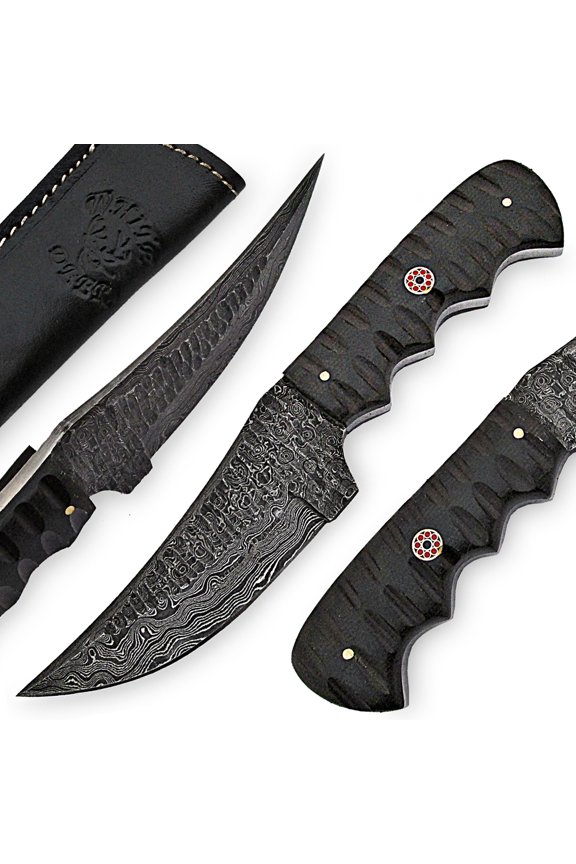 Tactical Operator Damascus Steel Knife Full Tang Grooved Micarta Handle