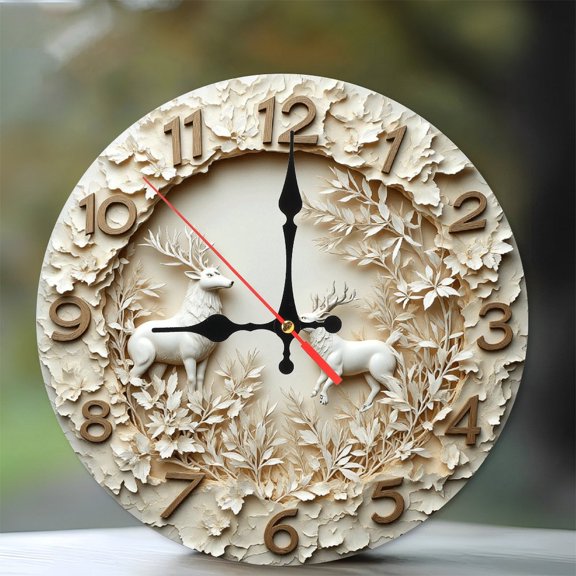 White Deer Wall Clock  Floral Design Home Decor 10-Inch Silent Wooden Wall Clock, Battery Operated (AA Batteries Not Included), Artistic Home Decor