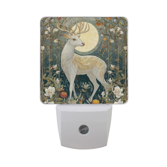 White Deer in Moonlight Garden Flowers LED Night Light Sensor Lamp Plug-in Adjustable Brightness 2 Pack
