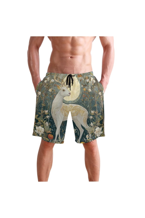 White Deer in Moonlight Garden Flowers Men's Swim Trunks Beach Shorts Bathing Bottoms S