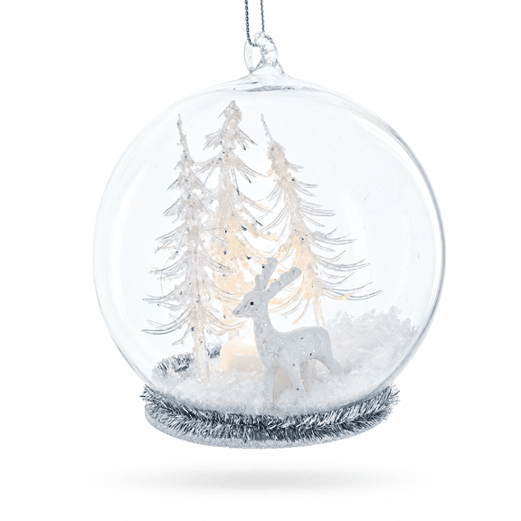 Winter Forest Snow Globe with White Deer Glass Christmas Ornament