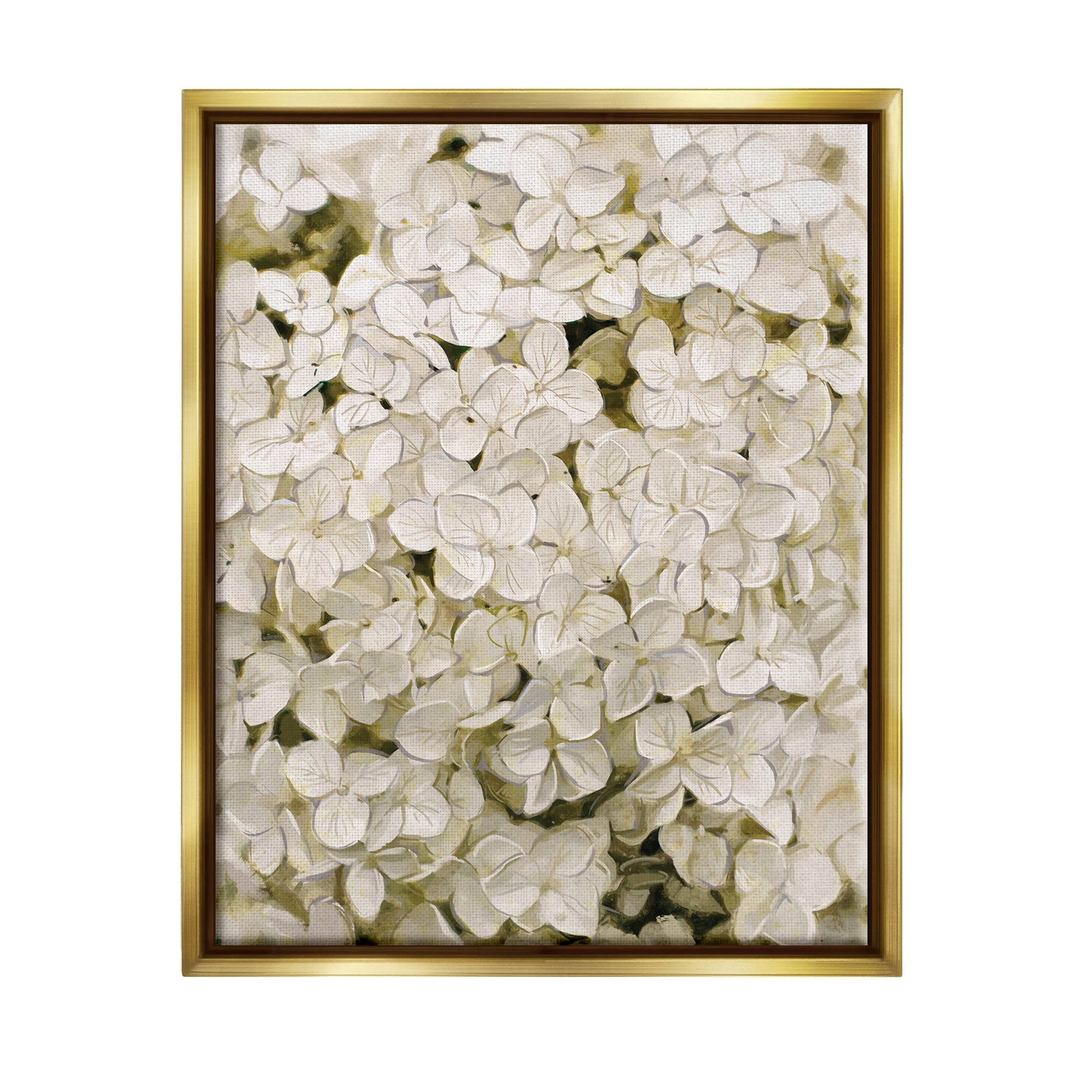 White Delicate Hydrangea Petals Botanical & Floral Graphic Art Metallic Gold Framed Art Print Wall Art