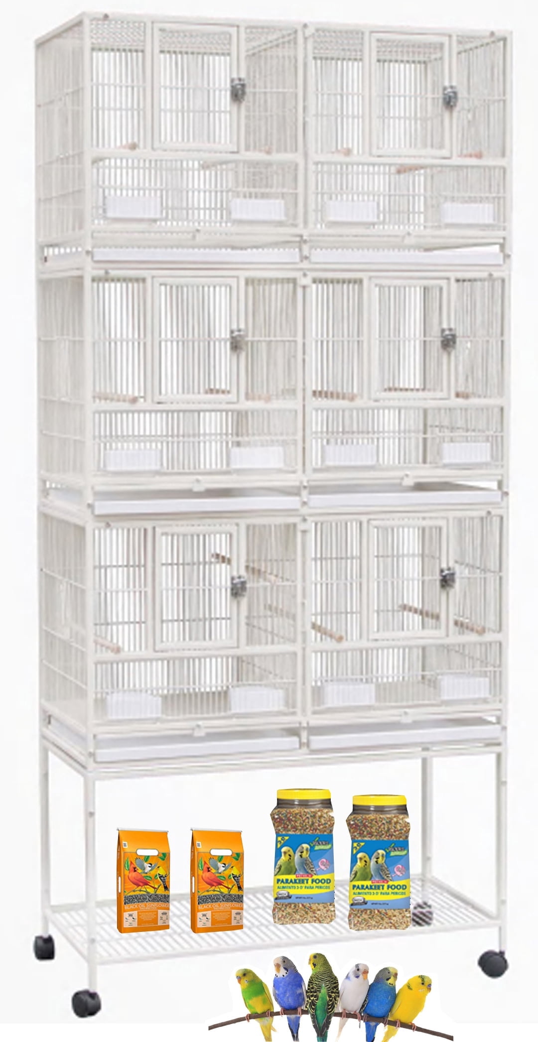 White Deluxe Triple Stackable With Center Divider Breeder Breeding Bird Flight Rolling Cage With Side Breeding Nest Doors for Canaries Cockatiels Lovebirds Finches Budgies Small Parrots